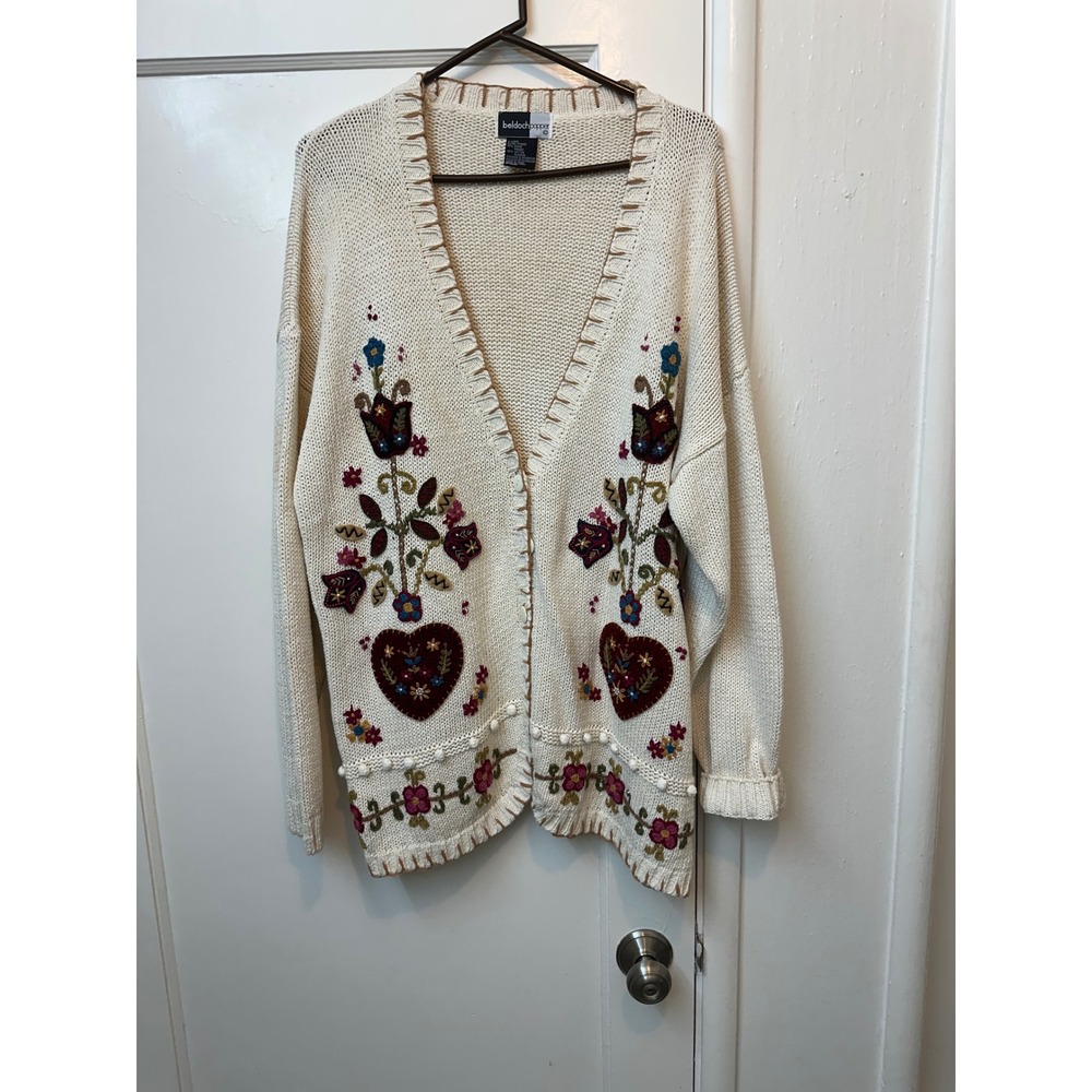 Beldoch Popper Vintage Embroidered Floral Heart Cardigan Cream XL Ramie Cotton